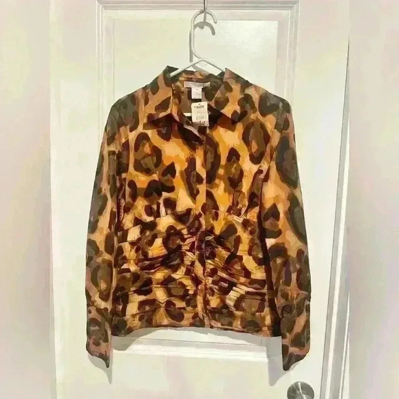 WD.NY Brown Black Animal Print Button Front Shirt Jacket Women's Size 14 - Picture 1 of 4